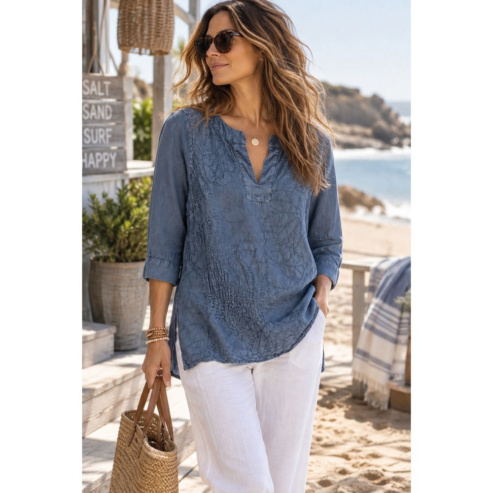 Tommy Bahama Womens Medium Blue Linen Embroidered Tunic Top V-Neck Distressed